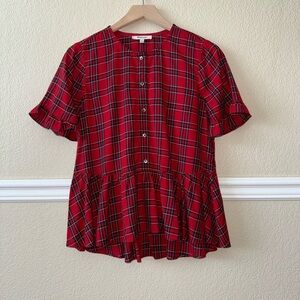 Madewell Studio Ruffle-Hem Short Sleeve Blouse Top in Clanton Plaid Tartan XXS